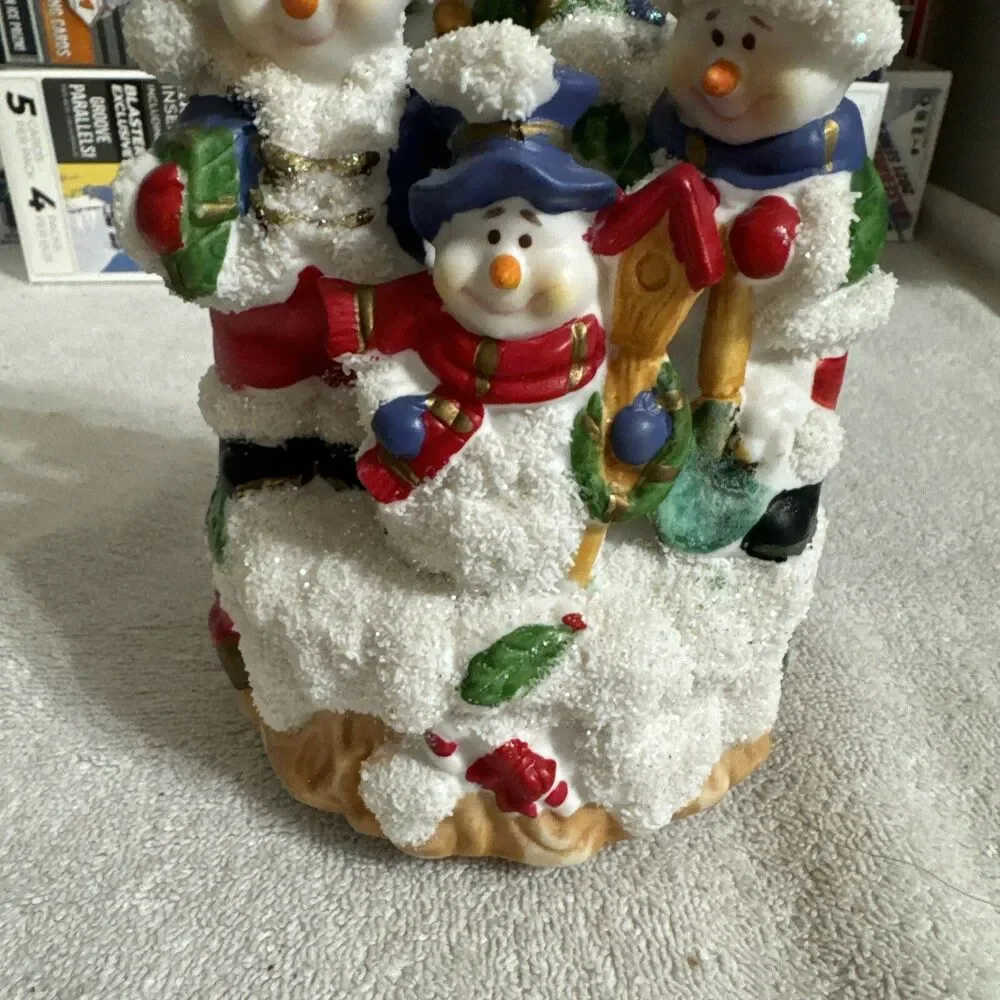 VTG Hand Painted Porcelain Snowman Christmas Music Box-We Wish You a Merry Chris